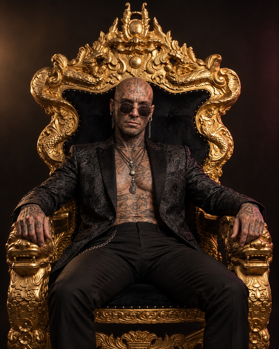Larry seated on his ornate gold throne in his black brocade jacket